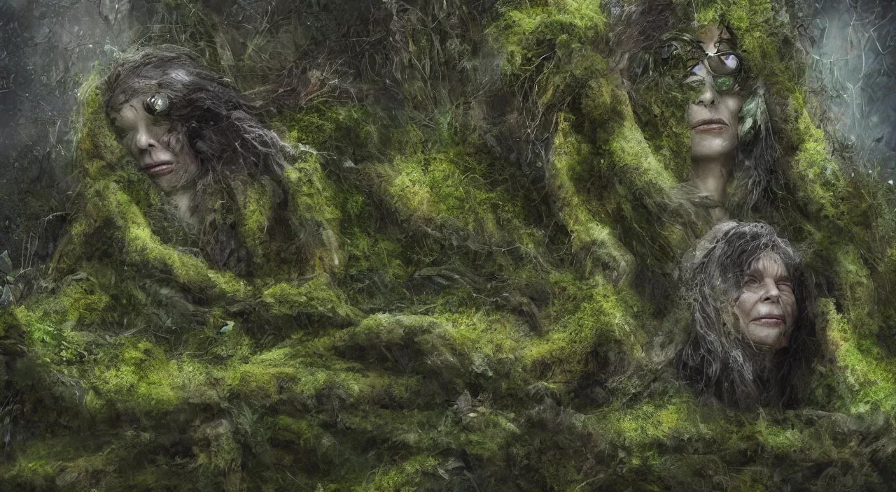 Prompt: Singular 65 year-old Gaia goddess covered in moss, crying softly and humbly, in desolate land, highly-detailed, elegant, dramatic lighting, artstation, 4k