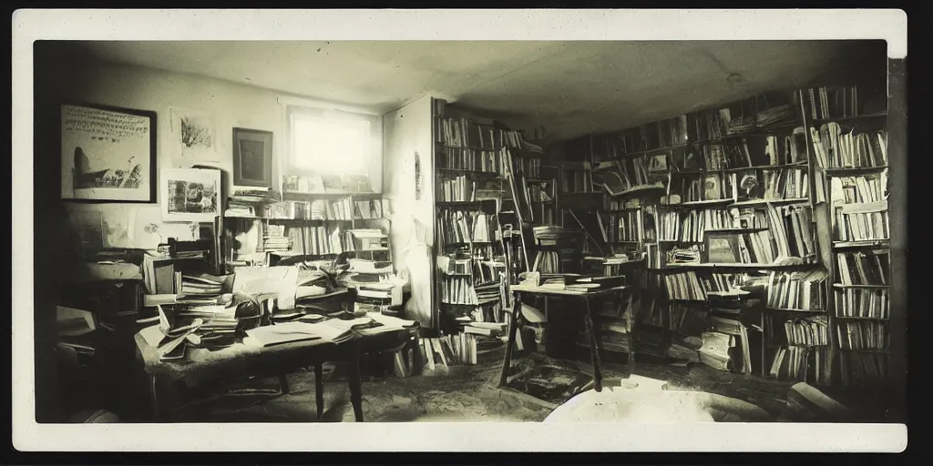 Image similar to 1880, inside a writer room, many books, piles of books, beautiful light, long shadows, 50 mm lens, polaroid photo, yellowed, crackles, scratches, dust, stains