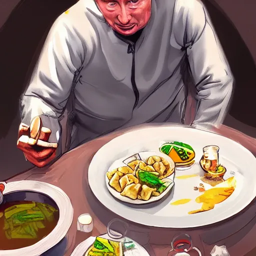 Image similar to happy putin eats dumplings, concept art, trending on artstation, highly detailed, intricate, sharp focus, digital art, 8 k