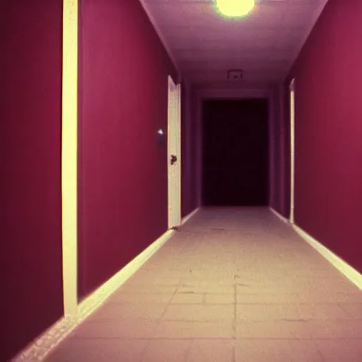 Image similar to two doors, one leads to a bathroom soaked in blue light, the other leads to a scary red hallway, vhs footage