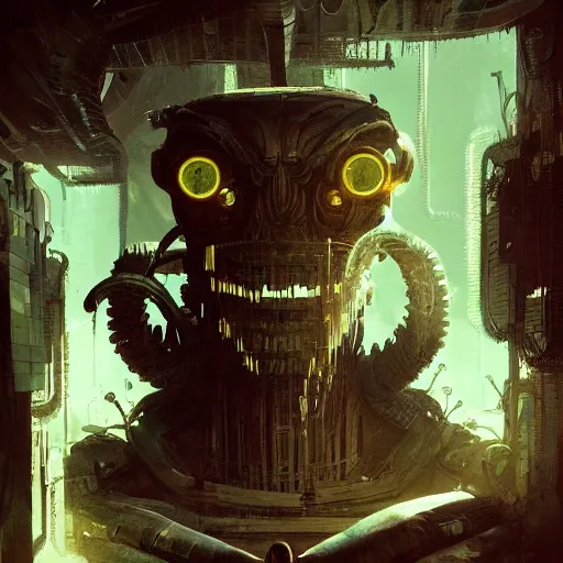 Prompt: minimalist cyborg goblin inside byzantine kowloon hoarder labaratory, portrait by by greg rutkowski and h. r. giger and stalenhag and deak ferrand, studio ghibli composition