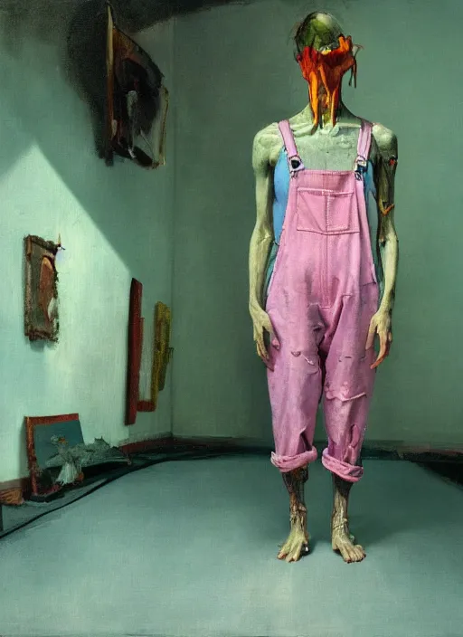 Image similar to an insane, skinny, artist wearing torn overalls, expressive emotions, inside a grand messy studio, depth of field, hauntingly surreal, highly detailed oil painting, by francis bacon, edward hopper, adrian ghenie, glenn brown, soft light 4 k in pink, green and blue colour palette, cinematic composition, high quality octane render, masterpiece