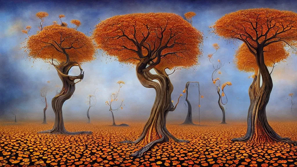 Image similar to surreal landscape, surrealism, symmetrical, whirling autumn trees, esao andrews, victor enrich, dali