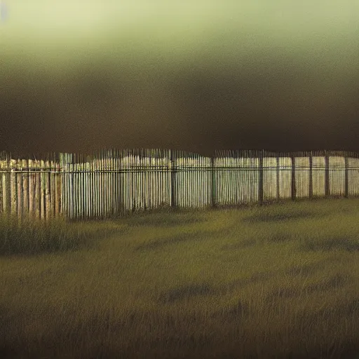 Image similar to an endless very tall fence, in a field, birds, dystopian, grim, dark, masterpiece oil painting, octane render, by barlowe, 4 k