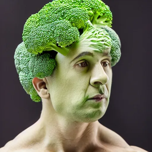 Image similar to a posing bodybuilder sculpture made entirely from broccoli, head of broccoli, studio photo