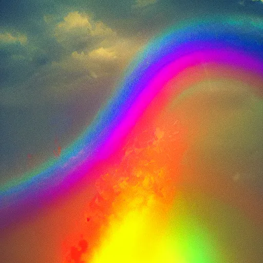 Prompt: A beautiful shiny rainbow with a smiling face, grim lighting, beautiful volumetric lighting, misty atmosphere, Trending on artstation, 4k, 8k