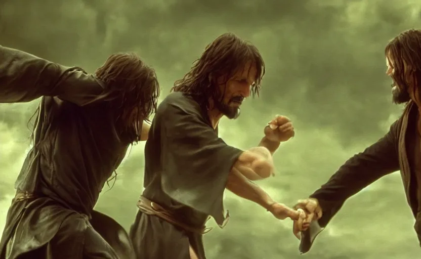 Image similar to epic fight between Neo and Aragorn, movie screenshot, very high quality, Bdrip, 8k