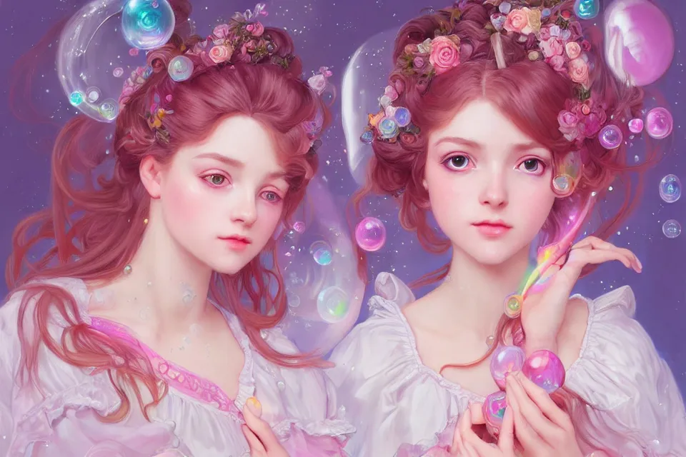 Prompt: dream portrait of magical lolita girl, dreamy and ethereal, expressive pose, big pink eyes, exciting expression, fantasy, intricate, elegant, many rainbow bubbles, rose tones, highly detailed, digital painting, artstation, concept art,cyberpunk wearing, smooth, sharp focus, illustration, art by artgerm and greg rutkowskiand alphonse mucha.