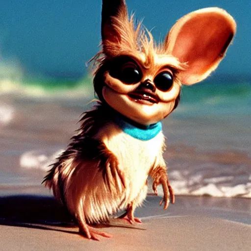Prompt: gizmo from gremlins running through the surf on a beach