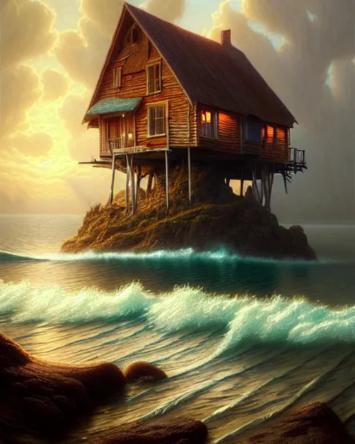 Image similar to a hyper - detailed 3 d render like an oil painting of cabin dreaming of the ocean!!!!! surreal concept art, lifelike, photorealistic, digital painting, aesthetic, smooth, sharp focus, artstation hd, by greg rutkowski, bruce pennington, valentina remenar, rhads, asher duran,