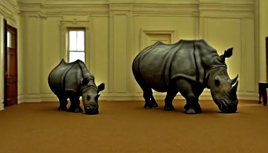 Prompt: mini dv camera footage of a rhinoceros in a neoclassical room, very very low quality, trail cam footage night vision