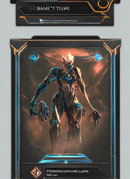 Image similar to warframe with trading card ui and ornate border frame, art station