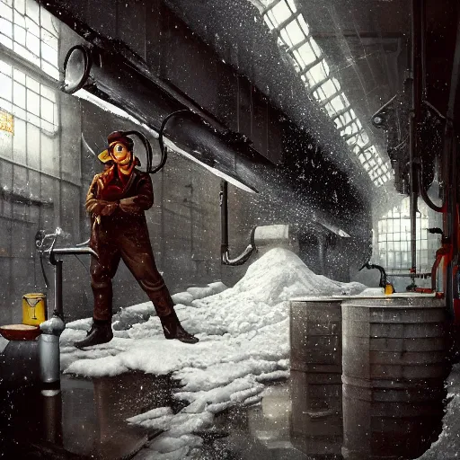 Prompt: beautiful snow - covered plumber posing in factory, half - length portrait, perfect symmetrical eyes, cinematic by peter mohrbacher, detailed, hyperrealism