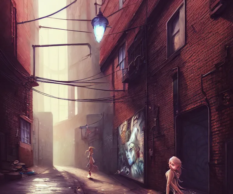 Image similar to a brooklyn alley, by charlie bowater and anna dittmann and artgerm and clemens ascher, intricate, graffiti, highly detailed, dramatic lighting, sharp focus, octane render, trending on artstation, artstationhd, artstationhq, unreal engine, 4 k, 8 k