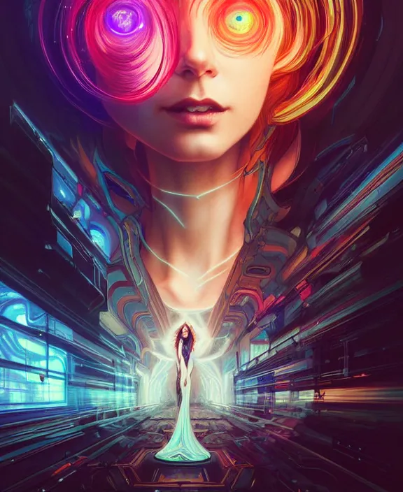 Image similar to a whirlwind of souls rushing inside the metaverse, half body, glowin eyes, android, cyborg, cyberpunk face, by loish, d & d, fantasy, intricate, elegant, highly detailed, colorful, vivid color, digital painting, artstation, concept art, art by artgerm and greg rutkowski and alphonse mucha and ruan jia