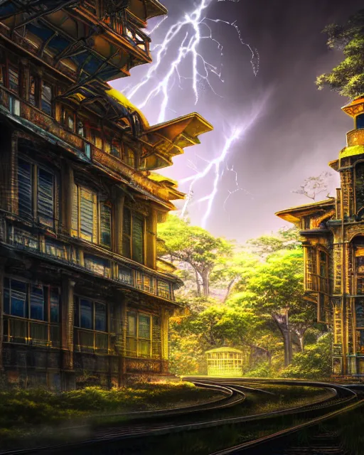 Image similar to a beautiful hyperdetailed anime illustration of railway abandoned city nature building architecture unfinished building by bernard tschumi, lightpaint dramatic lightning thermal vision architecture island tron matte painting reclaimed by nature uranus, archdaily, wallpaper, highly detailed, trending on artstation.