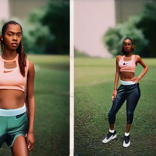 Prompt: realistic photoshoot for a new nike lookbook, color film photography, portrait of a beautiful person in style of Campbell Addy, 35mm, graflex