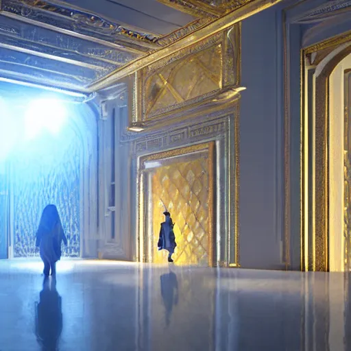 Image similar to the grand magical entrance, marbme floors, art by kotaro chiba, volumetric lighting, epic composition