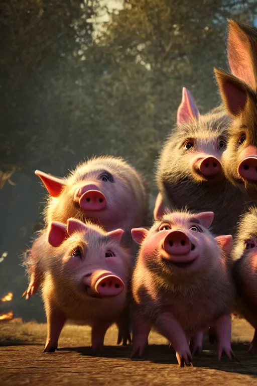 Image similar to three funny little pigs playing with the wolf who is begging for mercy. cinematic lighting, unreal engine, 8 k, hd extremely detailed. 4 k. award winning. ultra realistic photo.