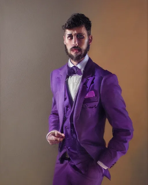 Image similar to An oil painting of a man in his twenties dressed in a purple suit, sleeked back hair, deranged face, highly realistic, highly detailed, 4k, by Greg Rutkowski, trending on artstation