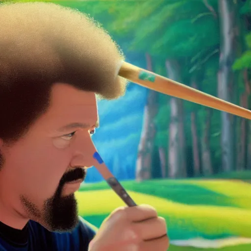 Image similar to a closeup photorealistic photograph of bob ross painting an image of kenny powers pitching a baseball on a canvas. mountains and trees. film still. brightly lit scene. this 4 k hd image is trending on artstation, featured on behance, well - rendered, extra crisp, features intricate detail, epic composition and the style of unreal engine.