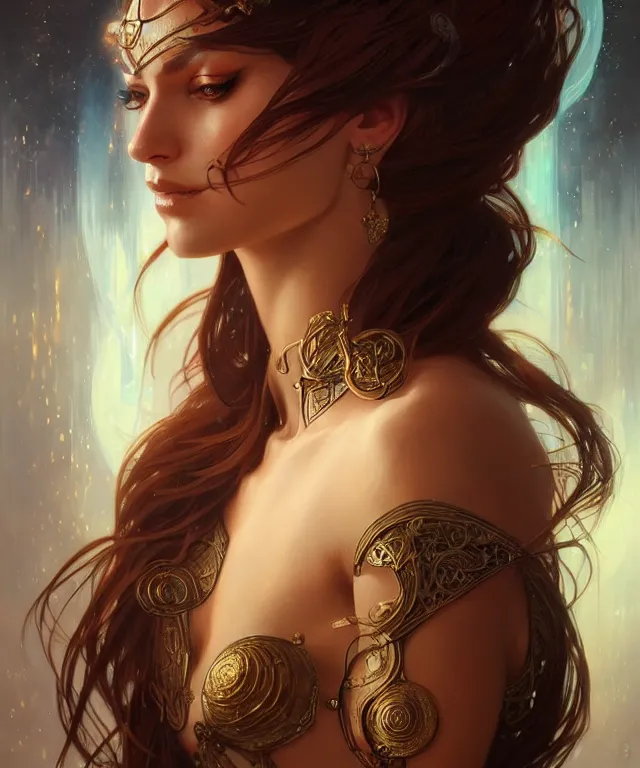 Image similar to fantasy magic woman portrait, sci-fi, amber eyes, face, long hair, fantasy, intricate, elegant, highly detailed, digital painting, artstation, concept art, smooth, sharp focus, illustration, art by artgerm and greg rutkowski and alphonse mucha