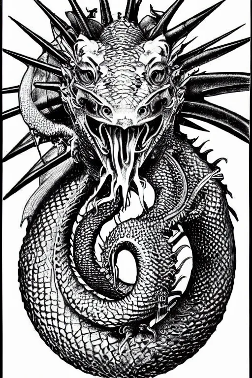 Prompt: hyper realistic dragon with steam punk breathing apparatus, white background, full frame, art by james o barr and albrecht durer, surreal woodblock print, black and white, vector, vector art