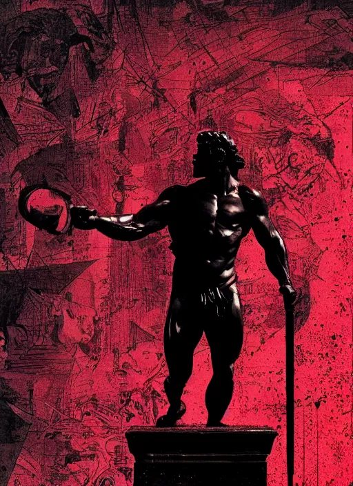 Image similar to dark design poster showing a statue of hercules, black background with very subtle red and purple design elements, subtle white lines, powerful, nekro, guido crepax, graphic design, collage art, dark, glitch art, neo vaporwave, gritty, layout frame, square, trending on artstation