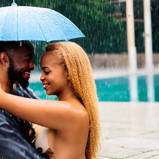 Image similar to african american man and blonde woman kissing in the rain at a pool.