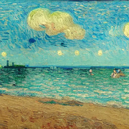 Image similar to a painting of a beautiful beach in Miami, trending on artstation, masterpiece, in the style of Vincent van Gogh