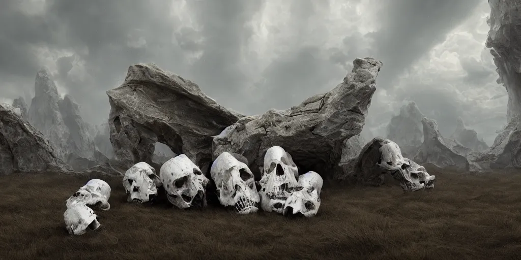 Prompt: photorealistic strange sculpture made of white bird skulls, by katrina van grouw and bruce mahalski. an epic landscape, with ominous storm clouds, a gentle rising mist. occult photorealism, uhd, amazing depth, glowing, golden ratio, 3 d octane cycle unreal engine 5, volumetric lighting, cinematic lighting, cgstation artstation concept art