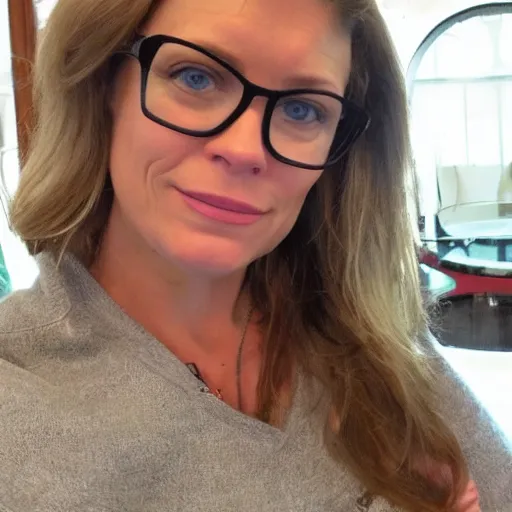 Prompt: 4 5 year old french and swedish woman, looks kind of like candace cameron and jennifer gardner and marla sokoloff, wears oprah glasses, labile temper, brown hair!, music phd, from wheaton illinois