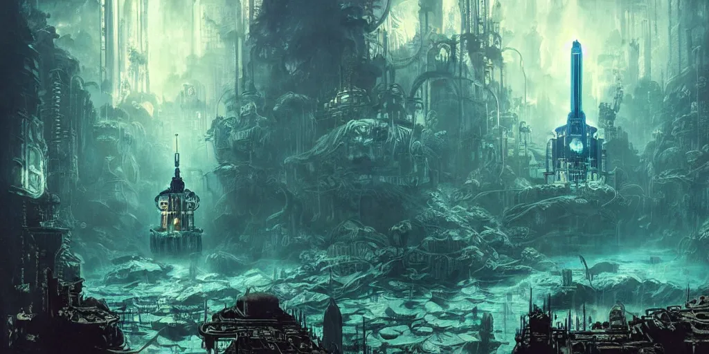 Image similar to concept art of a underwater city, bioshock style, rapture, dark atmosphere, hanafuda oil on canvas by ivan shishkin, james jean and yoji shinkawa