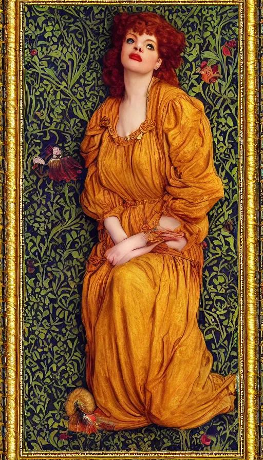 Prompt: preraphaelite full body portrait photography masterpiece hybrid of judy garland and florence welch, reclining, william holman hunt, ford madox brown, brown hair fringe, yellow ochre ornate medieval dress, william morris, framed 4 k