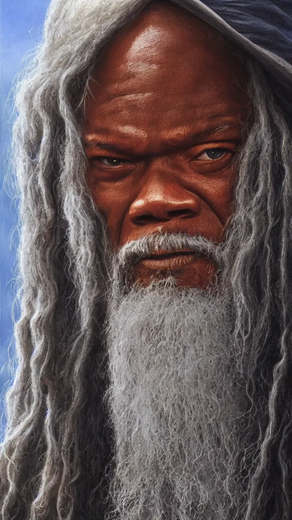 Image similar to portrait of samuel jackson as gandalf, by alan lee, lord of the rings calendar, smooth, detailed terrain, oil painting, matte painting, concept art, trending on artstation