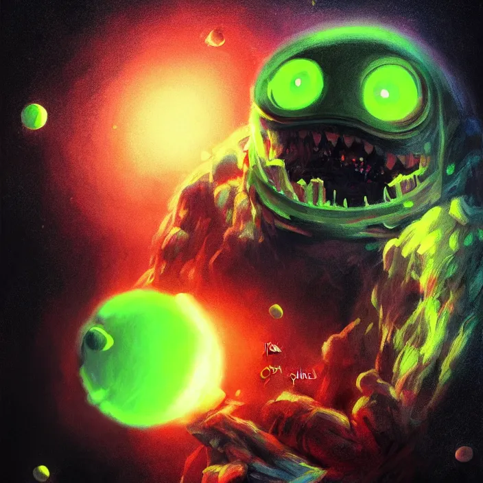 Image similar to cinematic portrait of a cute tennis ball monster in the abyss of space, chalk, masterpiece, trending on artstation, featured on pixiv, cinematic composition, dramatic pose, beautiful lighting, sharp details, hyper - detailed, hd, hdr, 4 k, 8 k, art by basil gogos