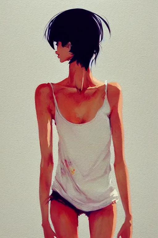 Image similar to a ultradetailed beautiful painting of a stylish woman with a white tank top, by conrad roset, greg rutkowski and makoto shinkai trending on artstation