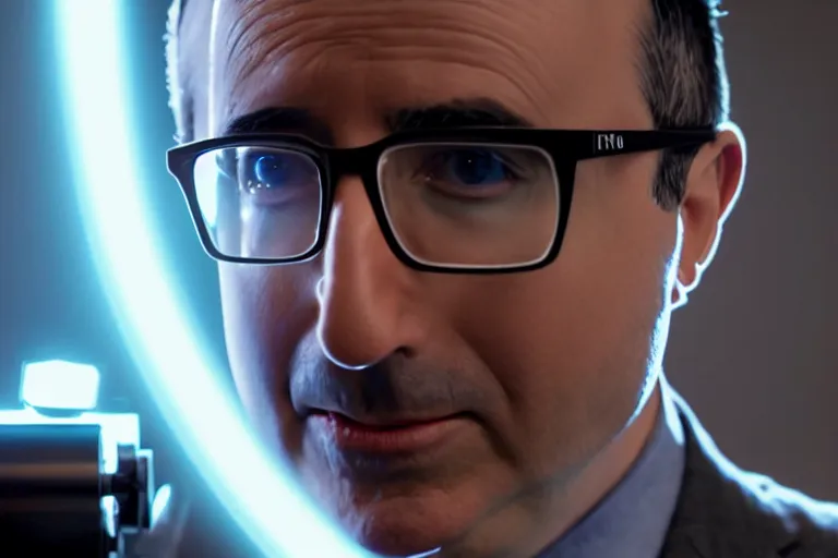 Image similar to vfx film closeup, john oliver interviewing a robot, flat color profile low - key lighting award winning photography arri alexa cinematography, hyper real photorealistic cinematic, atmospheric cool colorgrade