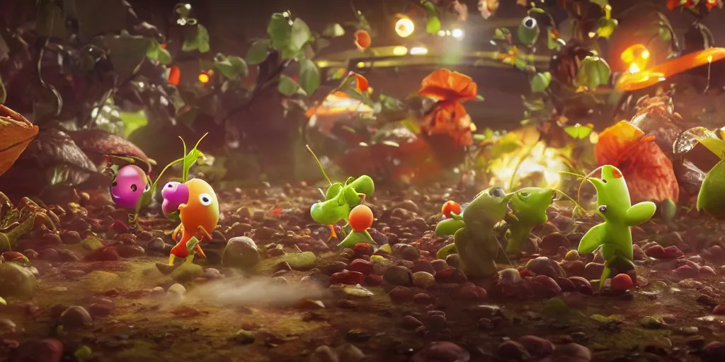 Prompt: pikmin inside of taco bell, realistic 4 k octane beautifully detailed render, 4 k post - processing, highly detailed, intricate complexity, epic composition, magical atmosphere, cinematic lighting, masterpiece, ultra hd