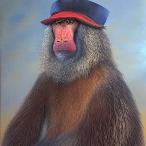 Image similar to An exquisite oil painting of a mandrill baboon dressed like Prince Philip with a lovely beard