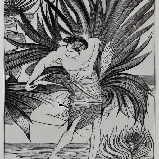 Image similar to A phoenix in fire bathes where water lilies are floating, lithography by Aubrey Beardsley, High definition, detailed,