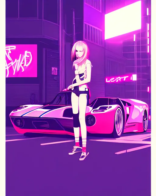 Image similar to digital illustration of cyberpunk pretty girl with pink hair, standing by a blue ford gt in a street at night, under streetlights, by makoto shinkai, ilya kuvshinov, lois van baarle, rossdraws, basquiat