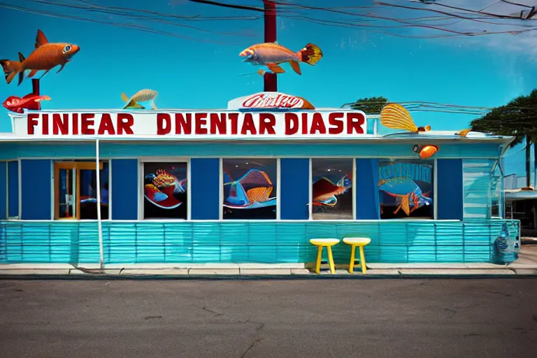 Image similar to 2 0 1 5 fish themed underwater american diner, googie architecture, two point perspective, americana, fishcore, restaurant exterior photography, 8 5 mm, taken by alex webb