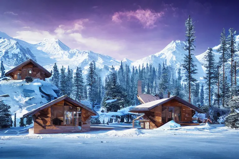 Image similar to futuristic cottage settlement with in the forest with Elbrus mountain covered by snow on the background, architecture, matte painting, high details