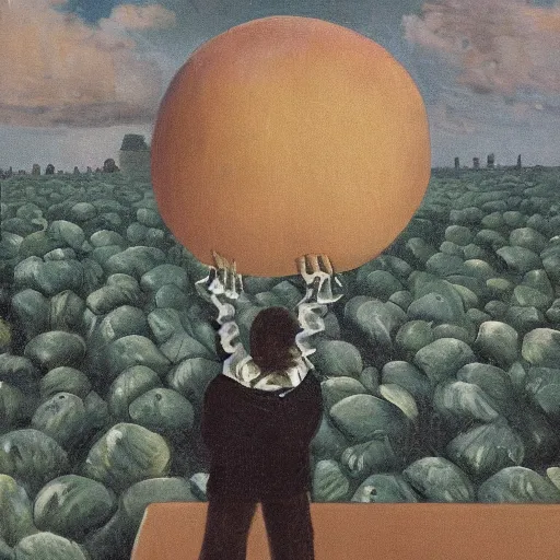 Image similar to giant floating peach, brussels, rene magritte