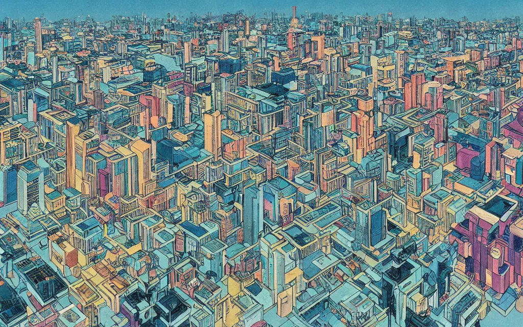 Prompt: DMT city, concept art by hirohiko araki and moebius