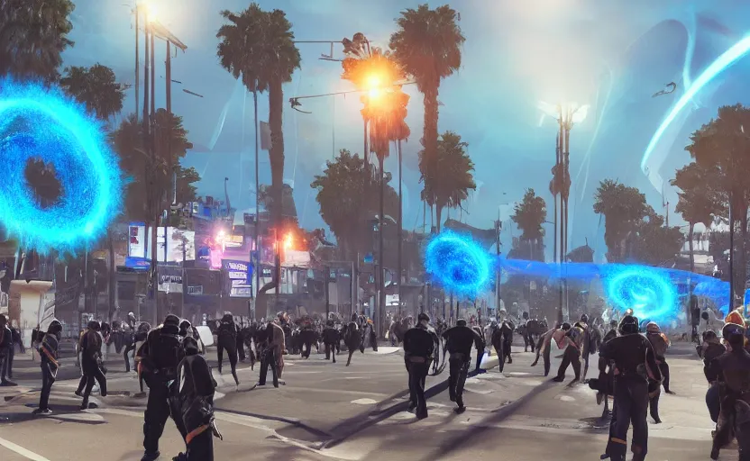 Image similar to people with posters attacking cops in front a huge blue spiral - shaped bright white luminous attractor that is floating and stores in los angeles with light screens all over the street, concept art, art for the game, professional lighting, night lighting from streetlights