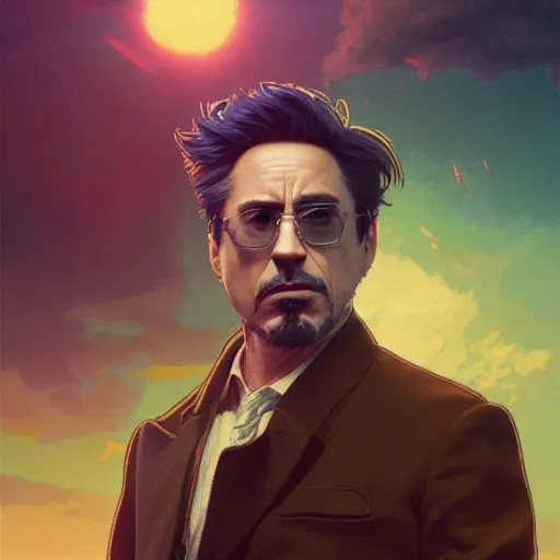 Image similar to robert downey jr, highly detailed vfx portrait, unreal engine, greg rutkowski, loish, rhads, caspar david friedrich, makoto shinkai and lois van baarle, ilya kuvshinov, rossdraws, elegent, tom bagshaw, alphonse mucha, global illumination, detailed and intricate environment.