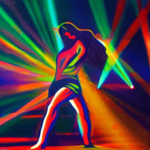 Image similar to oil painting of Jesus dancing drunk at a club, RGB floor, lasers, motion blur