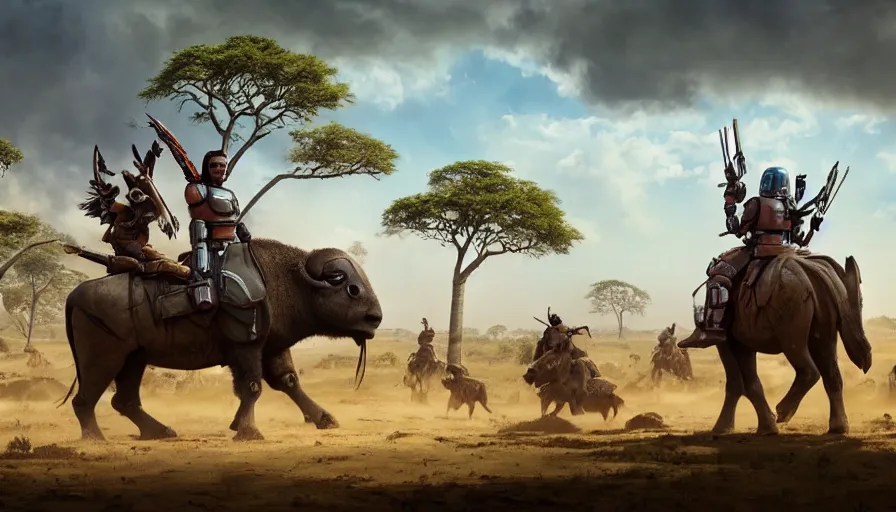 Prompt: mandalorian riding a buffalo, madagascar with baobabs trees in the background, animals chasing, action scene, an epic fantasy, artgerm and greg rutkowski and alphonse mucha, an epic fantasy, volumetric light, detailed, establishing shot, cinematic, photorealistic, hyper detailed, ultra realistic, trending on art station, octane render, midsommar